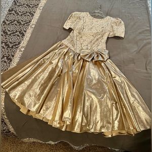 Vintage 80s Jo Ed Sophisticates Lace and Gold Lamé Formal Dress